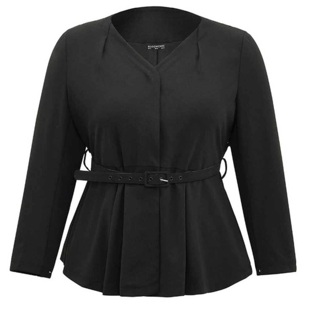 BloomChic Black Solid Pleated Button Up Belted Blazer